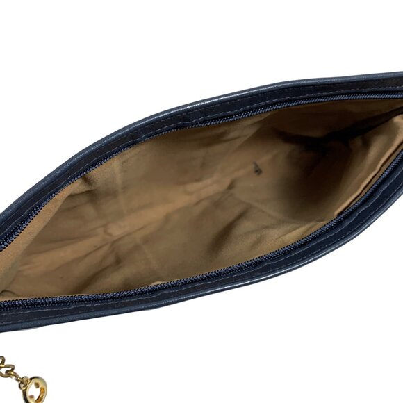 VTG 80s Blue Leather Clutch Handbag Gold Tone Hardware Top Zip Piping - Picture 7 of 9